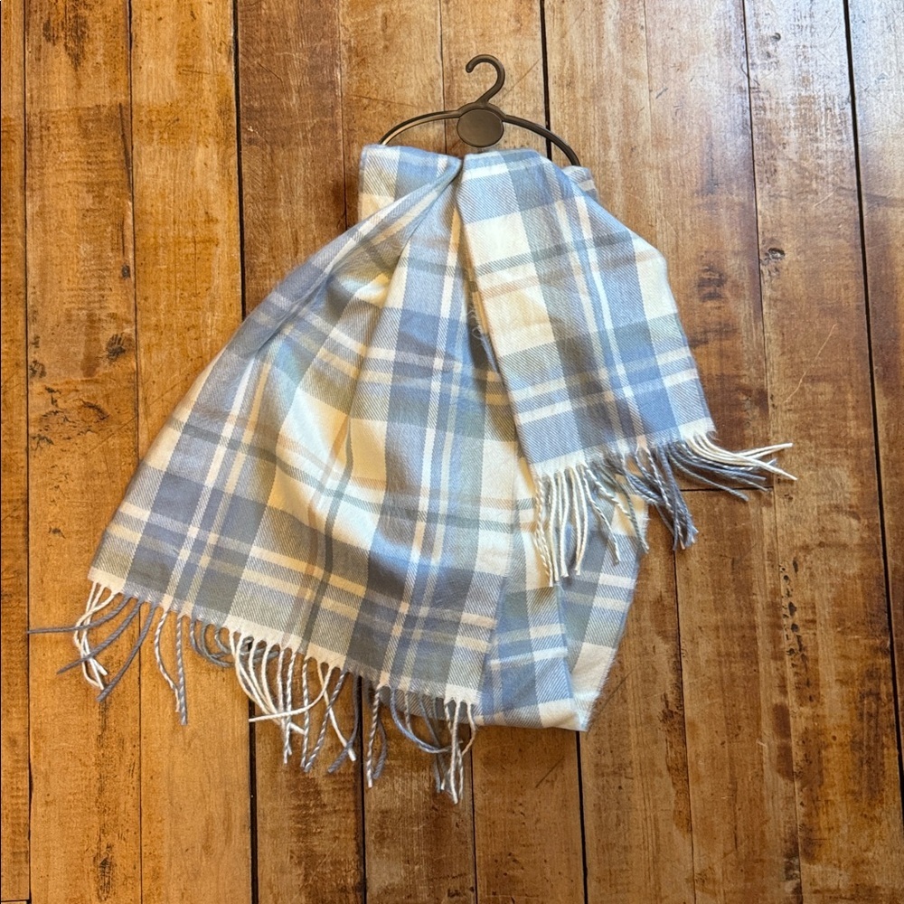 D&Y Soft Plaid Scarf in Blue Cream Tan winter cashmere like